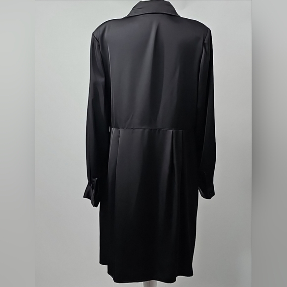 Eloquii Elegant Black Satin Wrap Dress Padded Shoulders Tulip Hemline - Picture 11 of 15